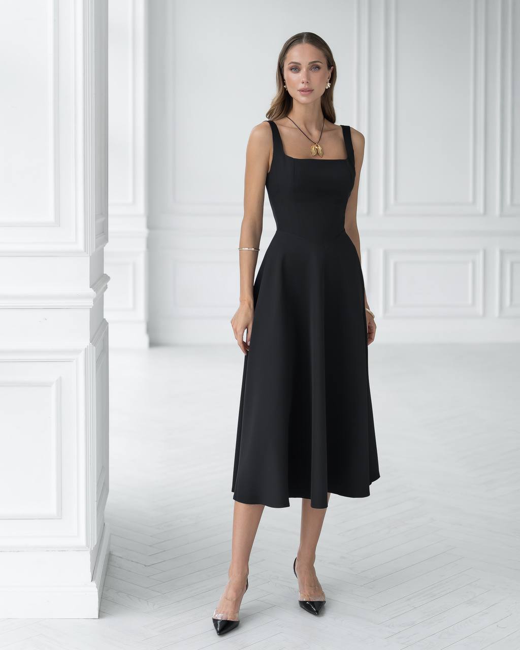 Elegant Midi Dress in Premium Suit Crepe Diagonal Fabric