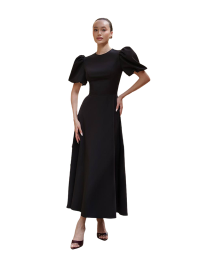 Elegant Women Midi Dress Premium Diagonal Suit Crepe Puff Sleeves