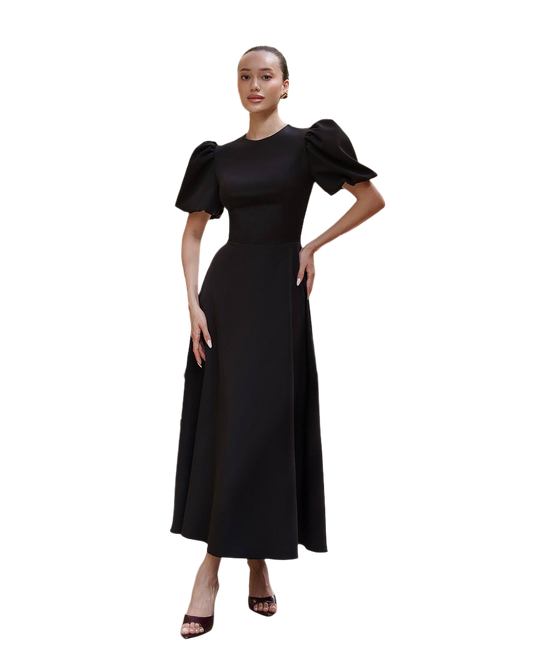 Elegant Women Midi Dress Premium Diagonal Suit Crepe Puff Sleeves