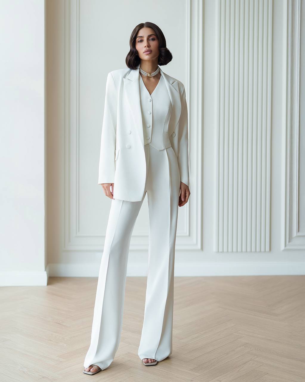 Womens White Three Piece Suit Premium Crepe Diagonal Fabric