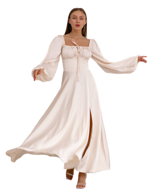 Elegant Satin Long Sleeve Maxi Dress with Slit