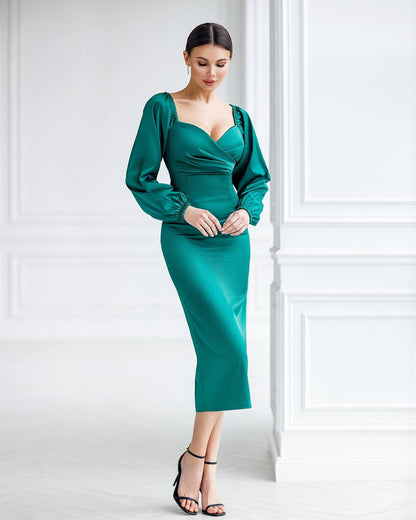 Elegant Women Midi Dress in Royal Dense Mango Satin
