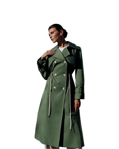 Womens Long Trench Coat Memory Cotton Double Breasted