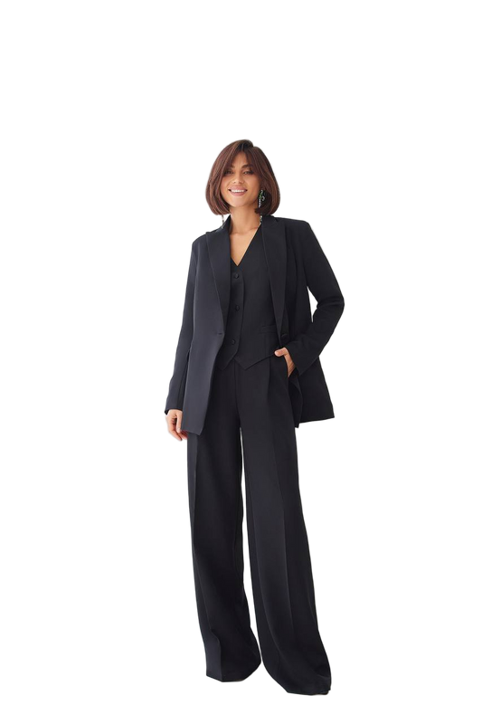 Black Women's Three Piece Suit Diagonal Crepe Lined Vest Jacket Trousers