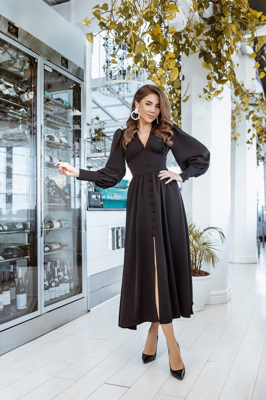 Woman in a black dress standing in a modern interior setting with plants and glass doors.