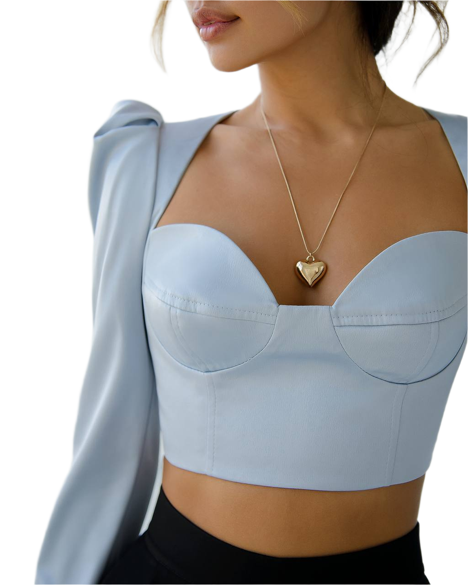 Womens Satin Blouse Top Cropped Bustier Style Light Blue
