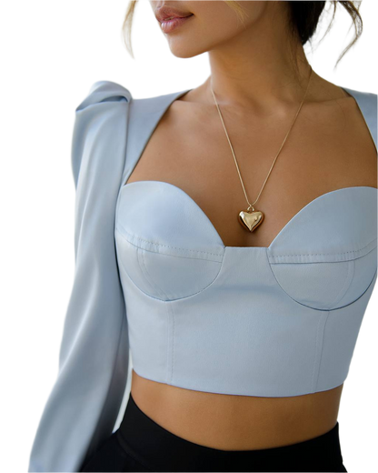 Womens Satin Blouse Top Cropped Bustier Style Light Blue