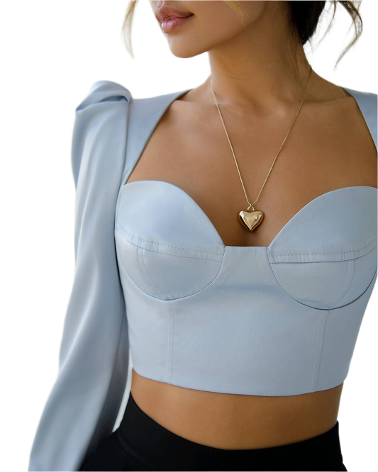 Womens Satin Blouse Top Cropped Bustier Style Light Blue