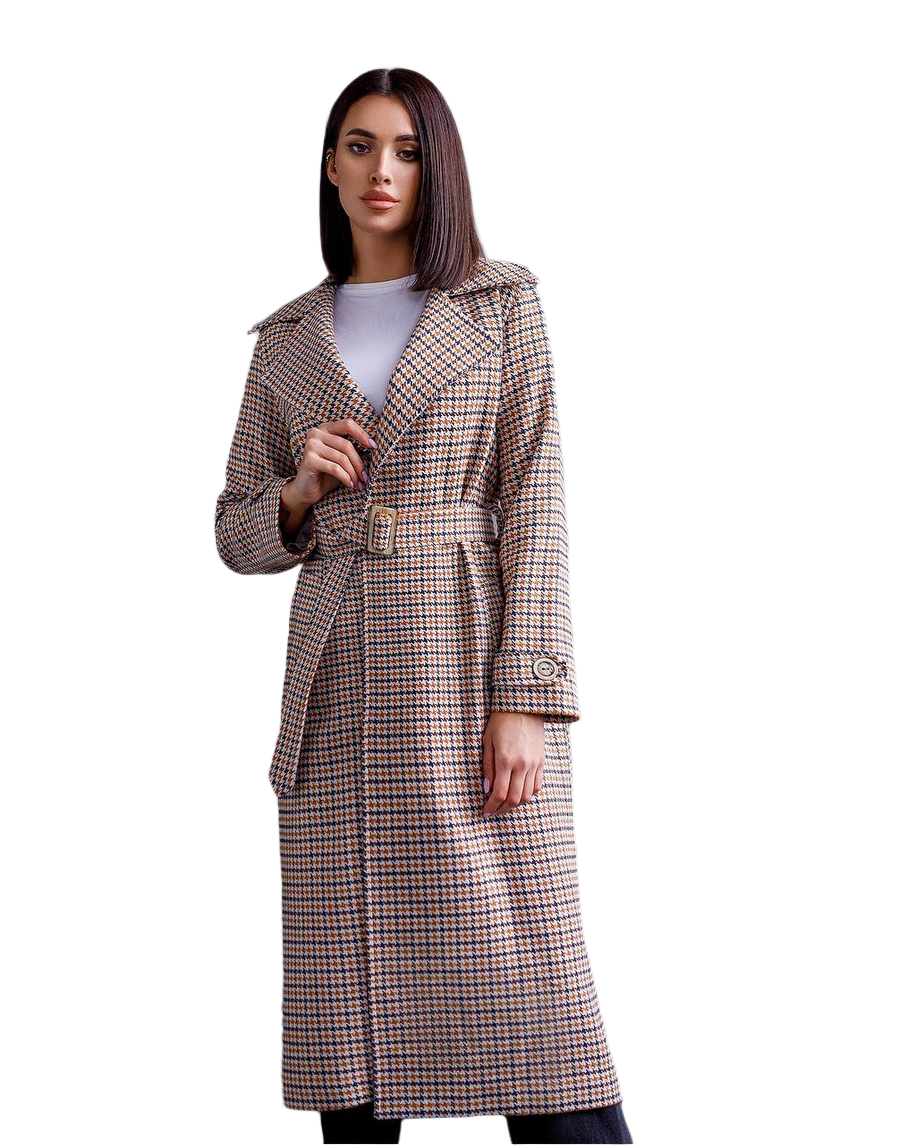 Womens Turkish Fabric Houndstooth Pattern Long Coat with Belt