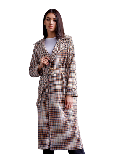 Womens Turkish Fabric Houndstooth Pattern Long Coat with Belt