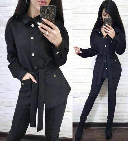 Woman wearing a black coat with gold buttons in two different poses against a white wall.