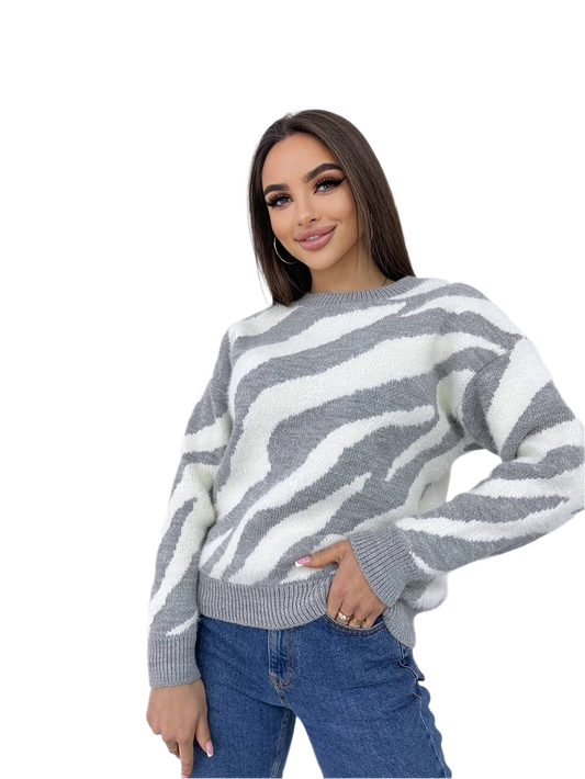 Warm Soft Women's Knit Sweater with Furry Yarn in Grey and White Pattern