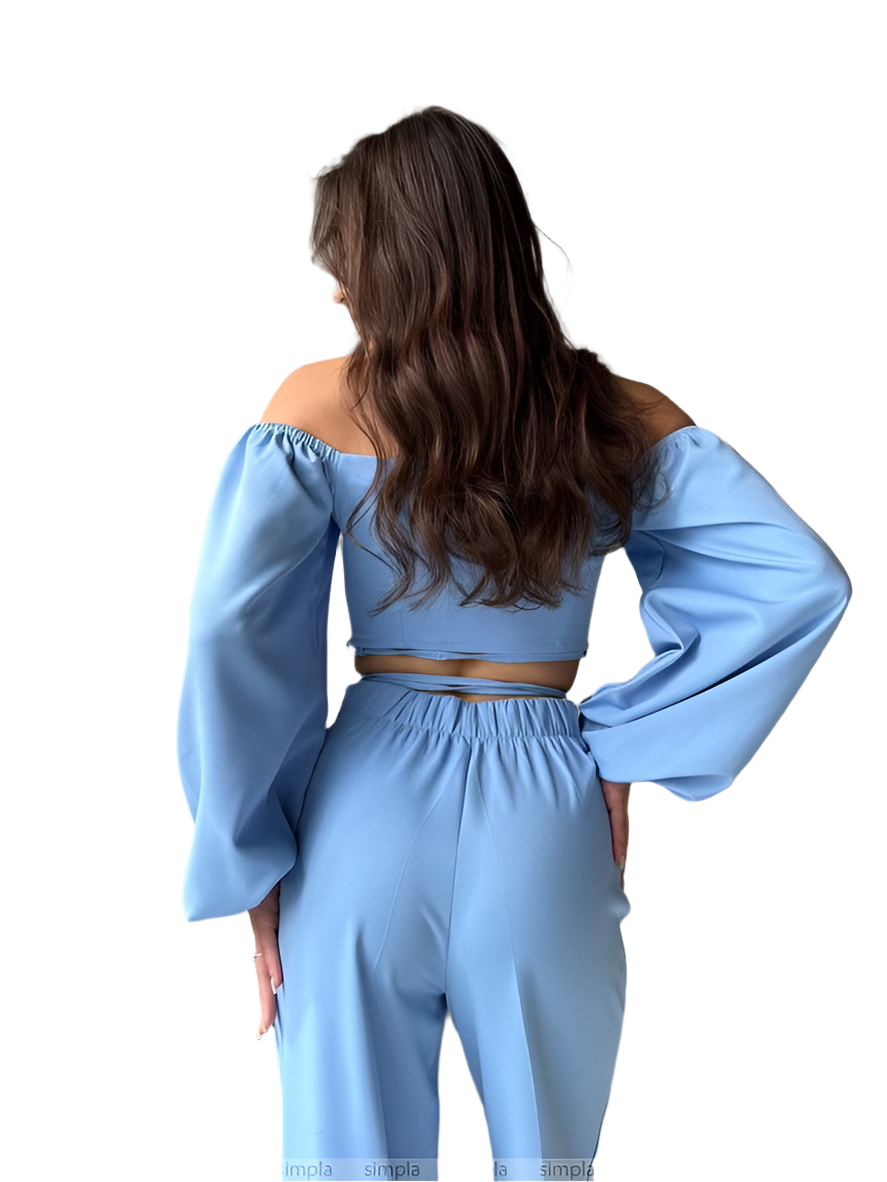 Light Blue High Waist Pants and Off-Shoulder Top Set