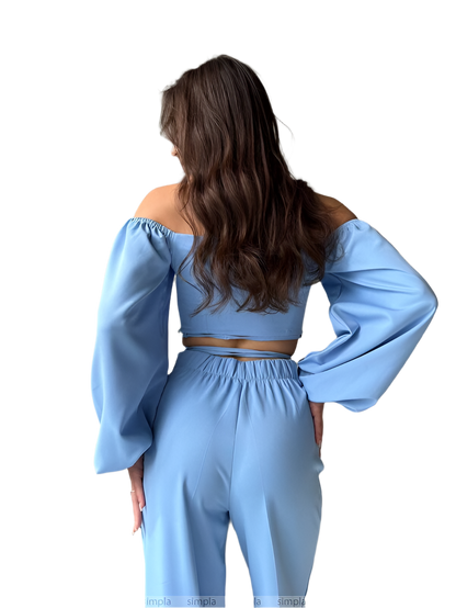 Light Blue High Waist Pants and Off-Shoulder Top Set