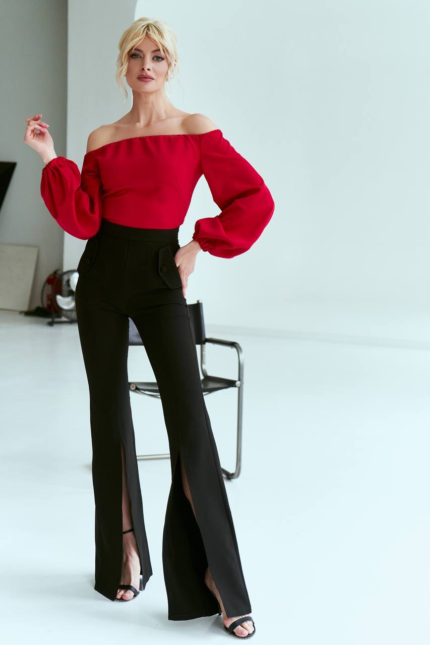 Womens Black Trousers With Front Slits Suit Crepe Diagonal Lux