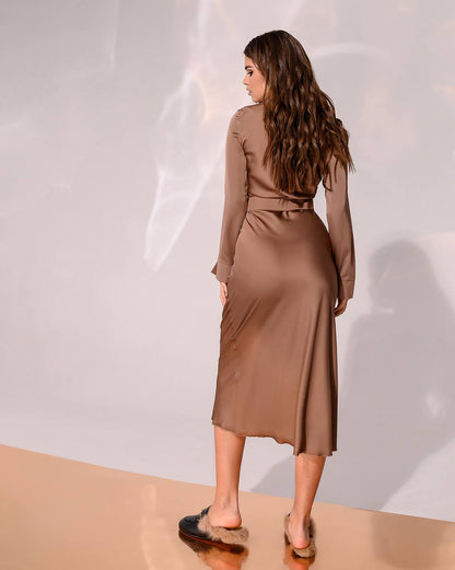 Elegant Silk Dress with Belt and Long Sleeves for Women