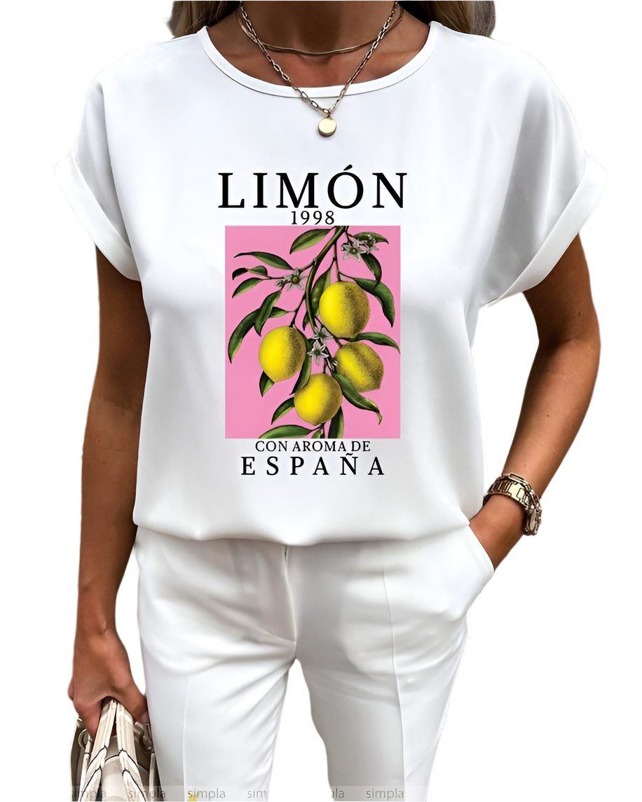 White Soft Fabric Blouse with Lemon Print and Spanish Aroma Design