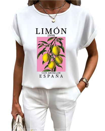 White Soft Fabric Blouse with Lemon Print and Spanish Aroma Design
