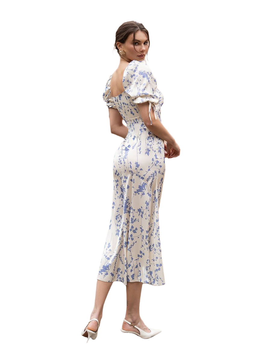 Elegant Printed Silk Midi Dress with Puff Sleeve