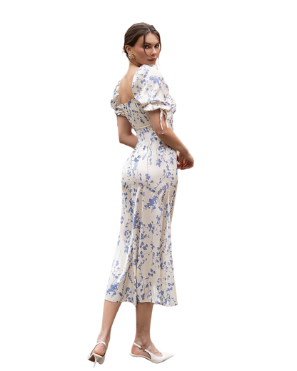 Elegant Printed Silk Midi Dress with Puff Sleeve