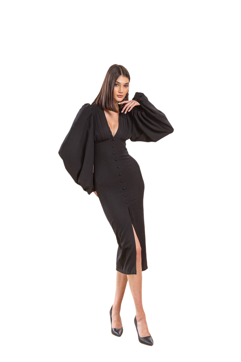 Elegant Black Diagonal Crepe Dress with Balloon Sleeves