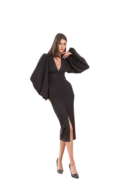 Elegant Black Diagonal Crepe Dress with Balloon Sleeves