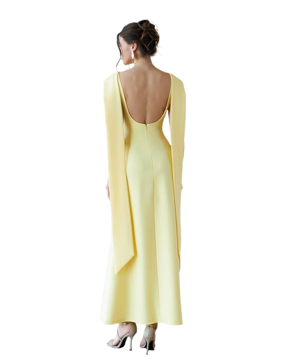 Elegant Premium Diagonal Crepe Long Yellow Dress for Women