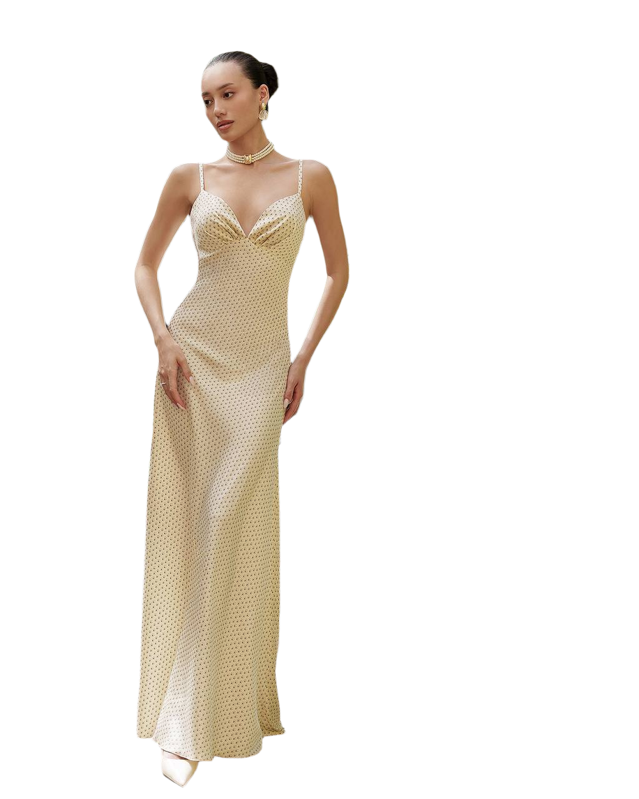 Elegant Silk Maxi Dress with Milk Print