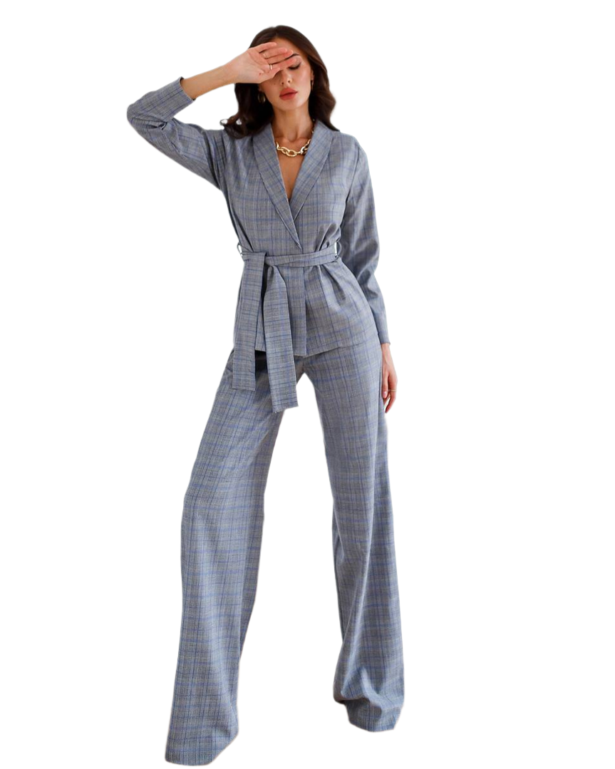 Womens Checkered Suit with Belt Blue and Mustard Colors XS to L