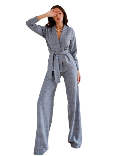 Womens Checkered Suit with Belt Blue and Mustard Colors XS to L