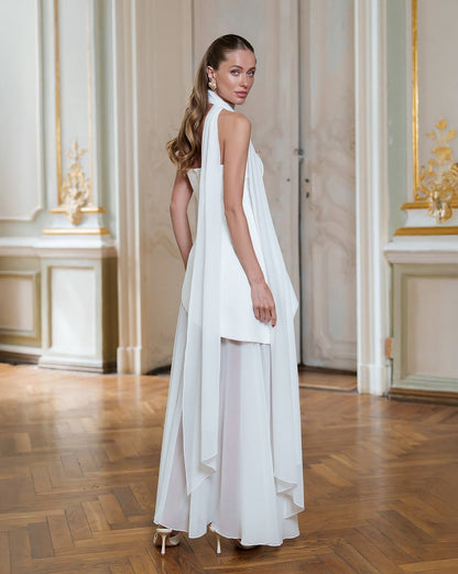 3 Piece Elegant White Wedding Bridal Set - Corset Style Dress, Chiffon Skirt and Scarf