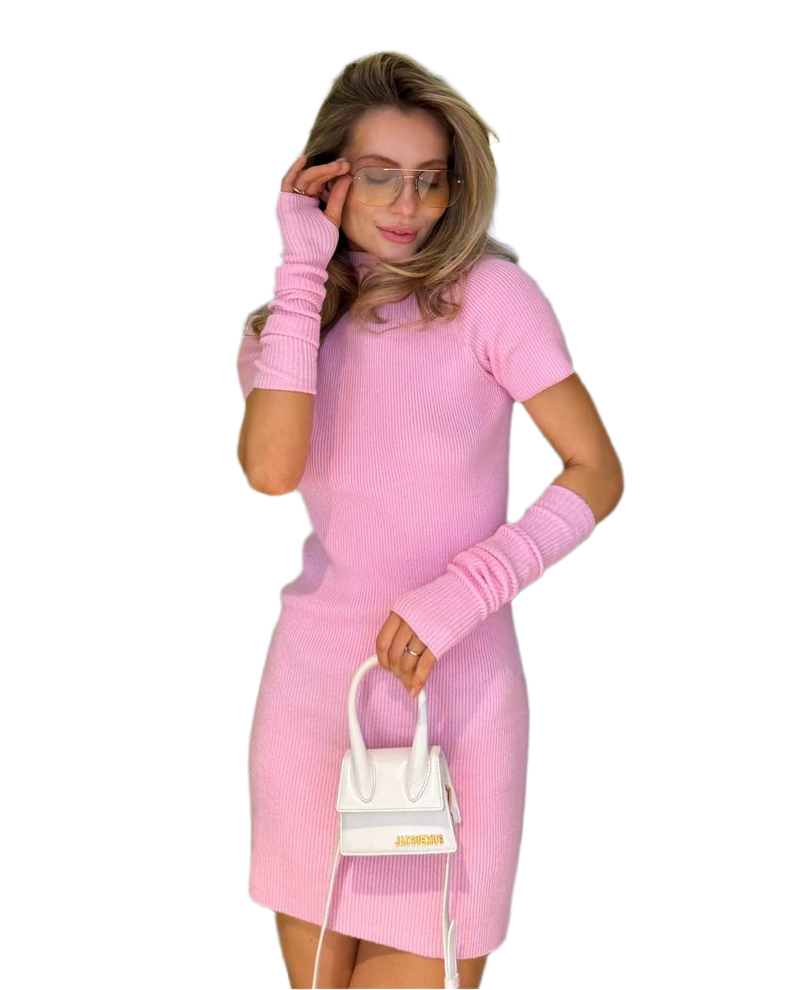 Soft Pink Seamless Knit Dress with Long Mitten Sleeves for Women