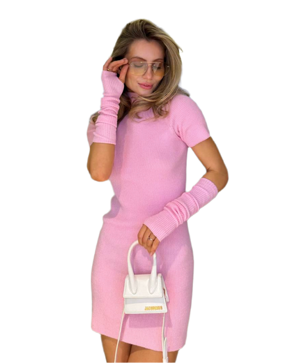 Soft Pink Seamless Knit Dress with Long Mitten Sleeves for Women