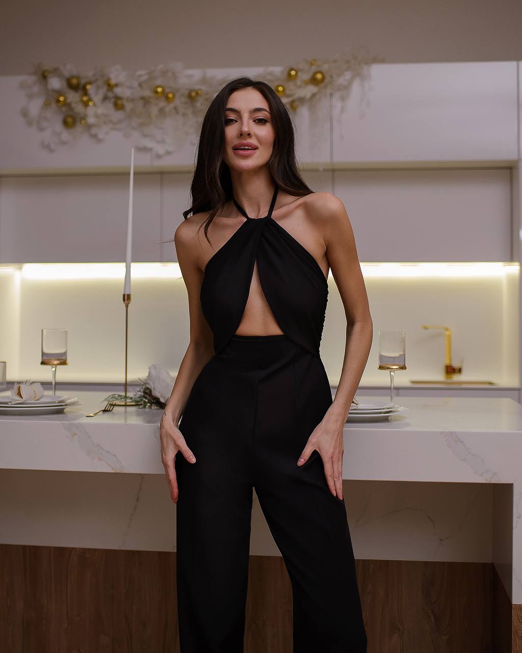Womens Jumpsuit Premium Suit Crepe Diagonal Black