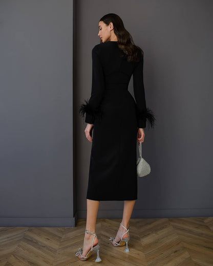 Women Midi Dress Premium Crepe-Diagonal Feather Accents in Black Red Milk-White Blue