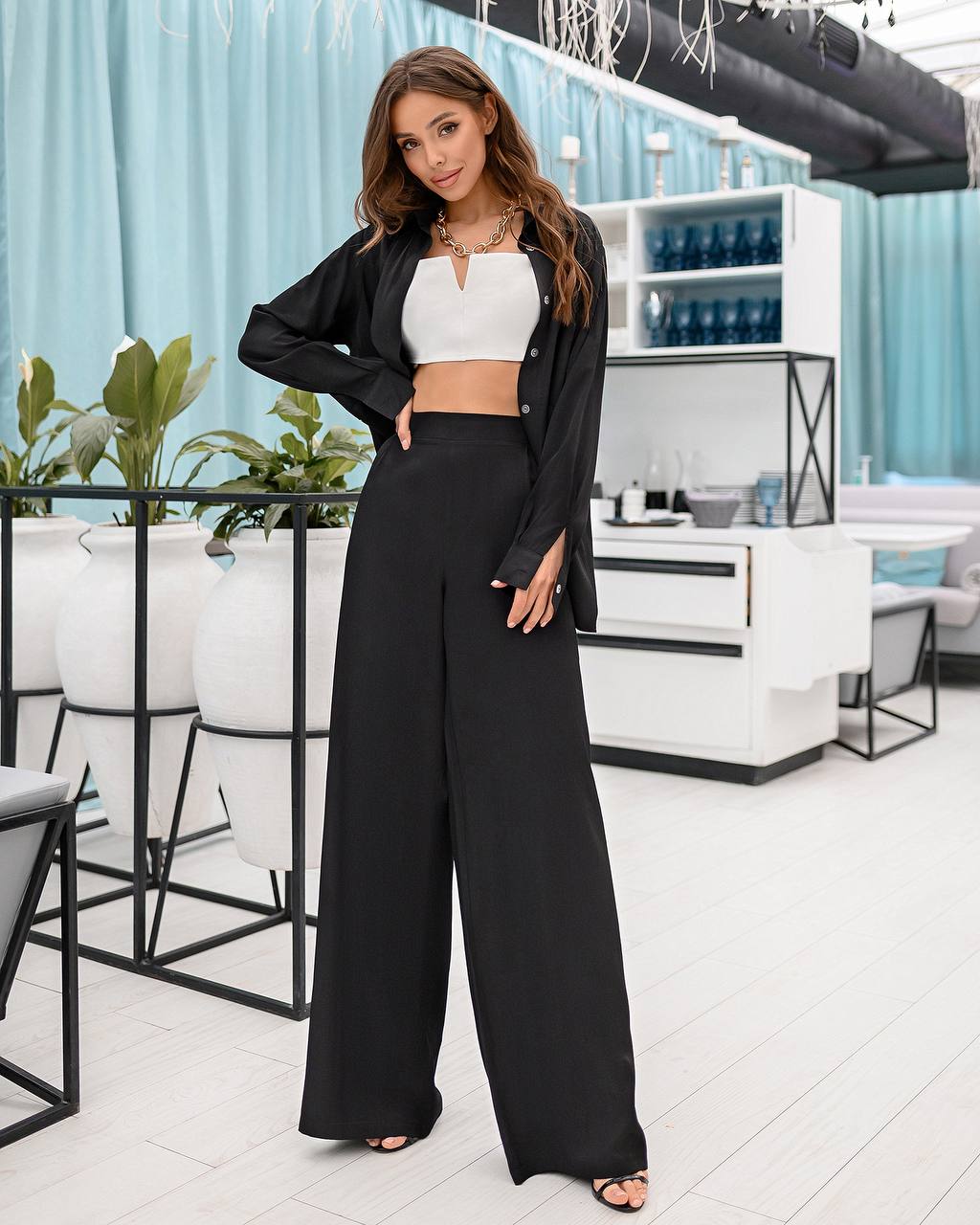 Womens Viscose Twill Shirt and Elastic Waist Pants Suit