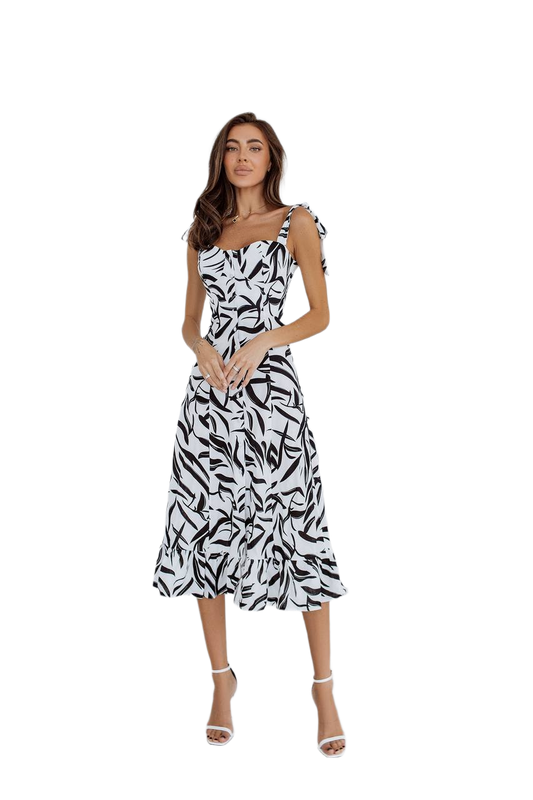 Natural Linen Sundress for Women with Black and White Print