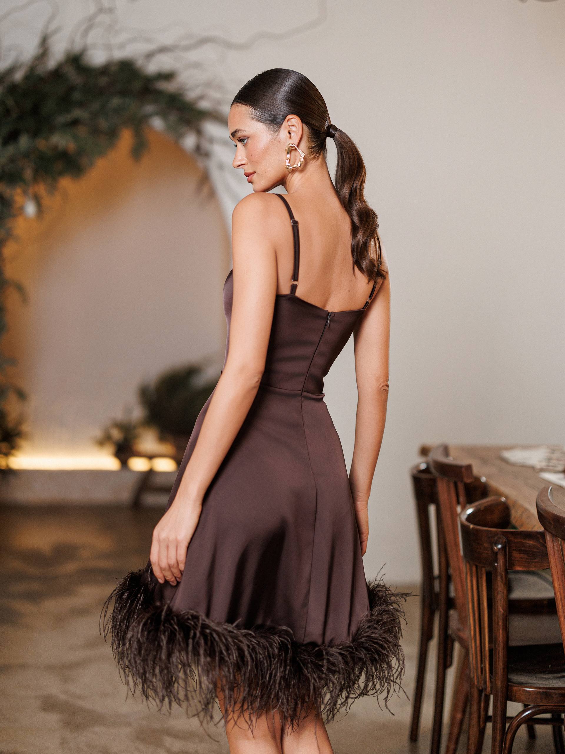 Woman in a brown dress with feather details standing in an indoor setting.