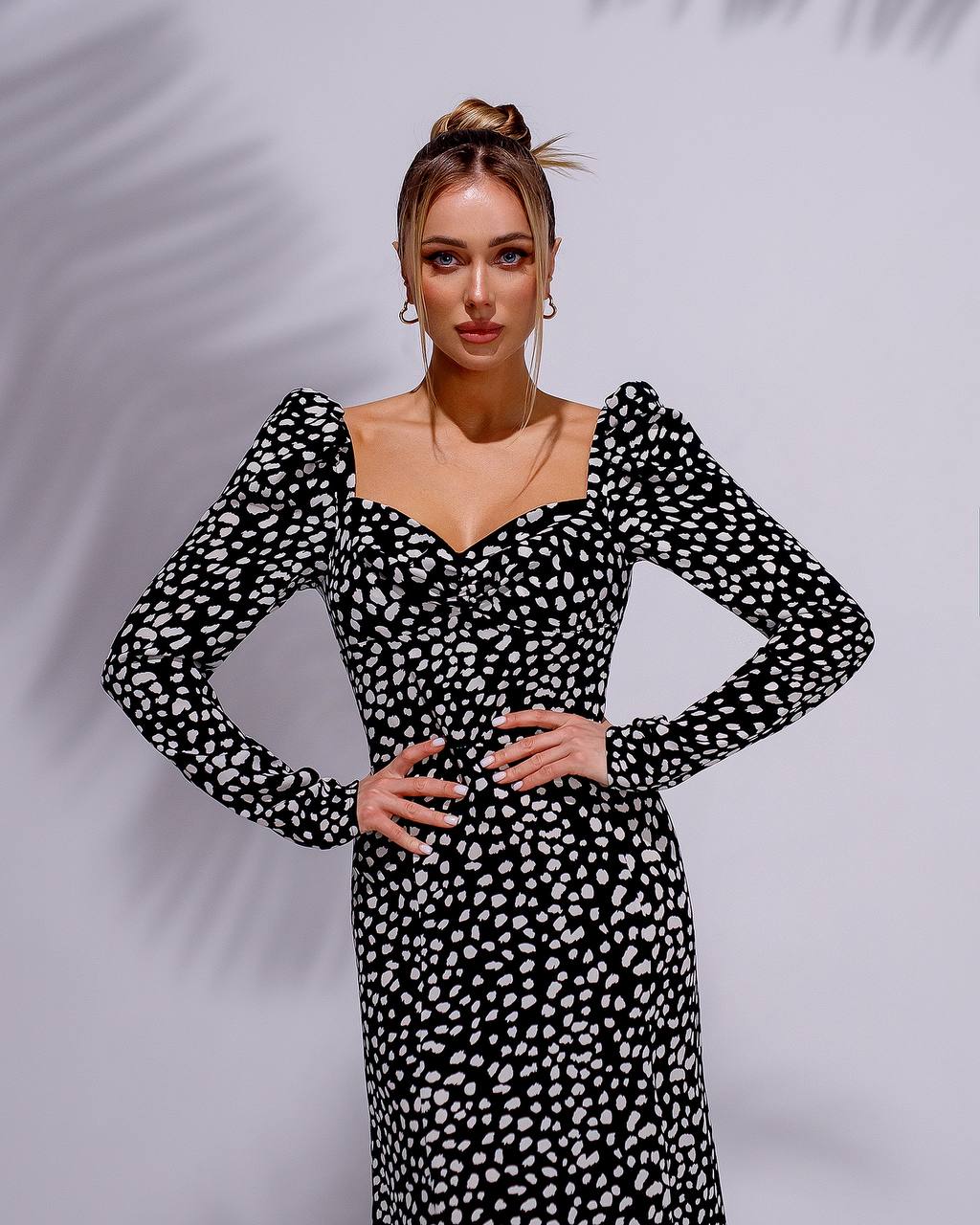 Black and Cream Stain Print Dress with Long Sleeves and Side Slit