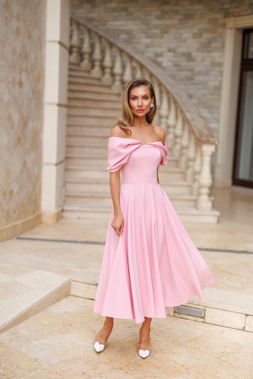 Elegant Off Shoulder Pink Midi Dress for Women
