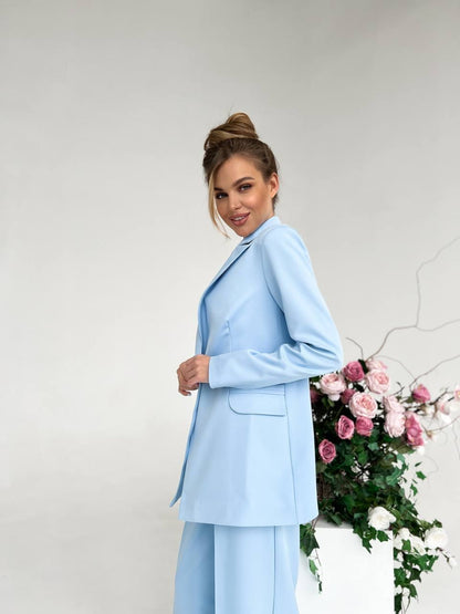 Sky Blue Palazzo Suit Diagonal Crepe Lined Blazer Wide Leg Pants