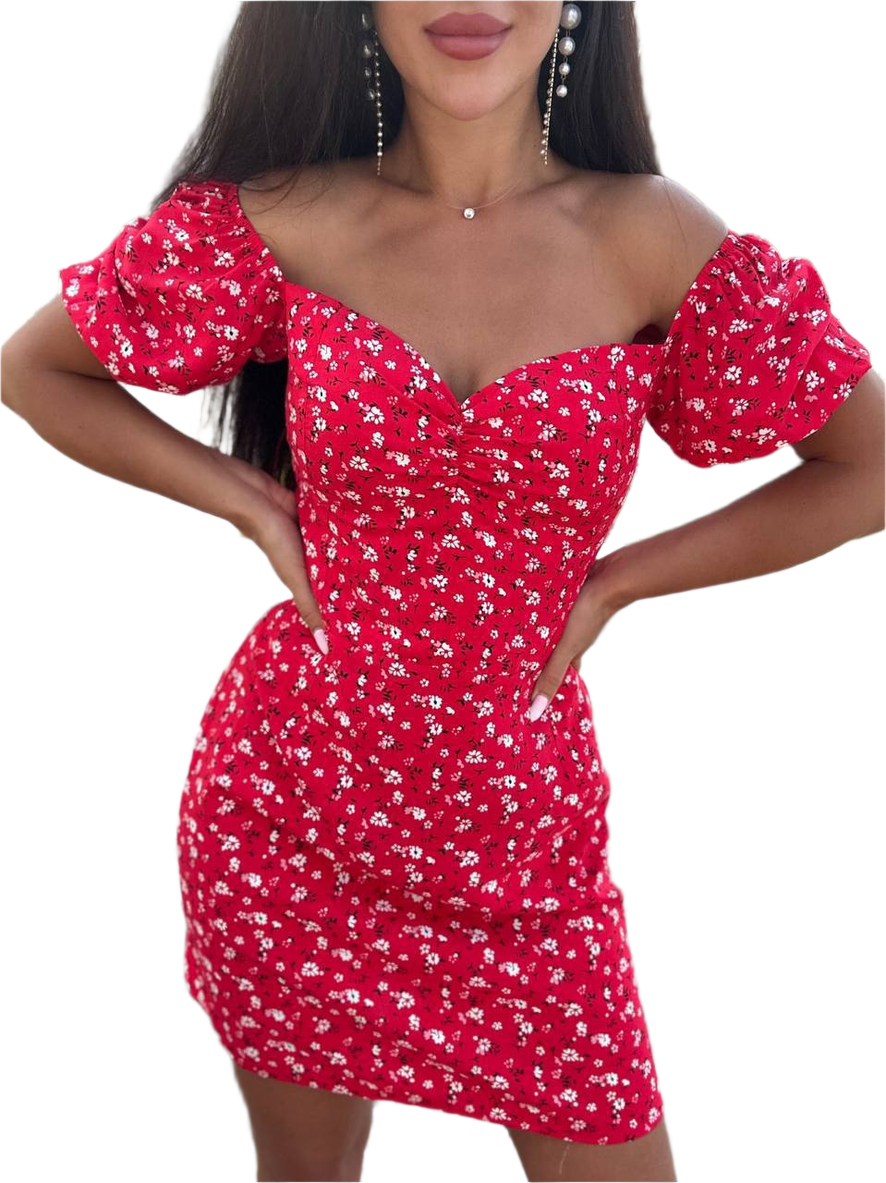 Mia Women's Red Floral Staple Dress Summer Off Shoulder Puff Sleeves