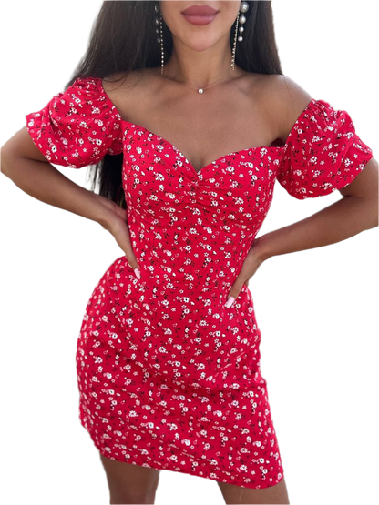 Mia Women's Red Floral Staple Dress Summer Off Shoulder Puff Sleeves