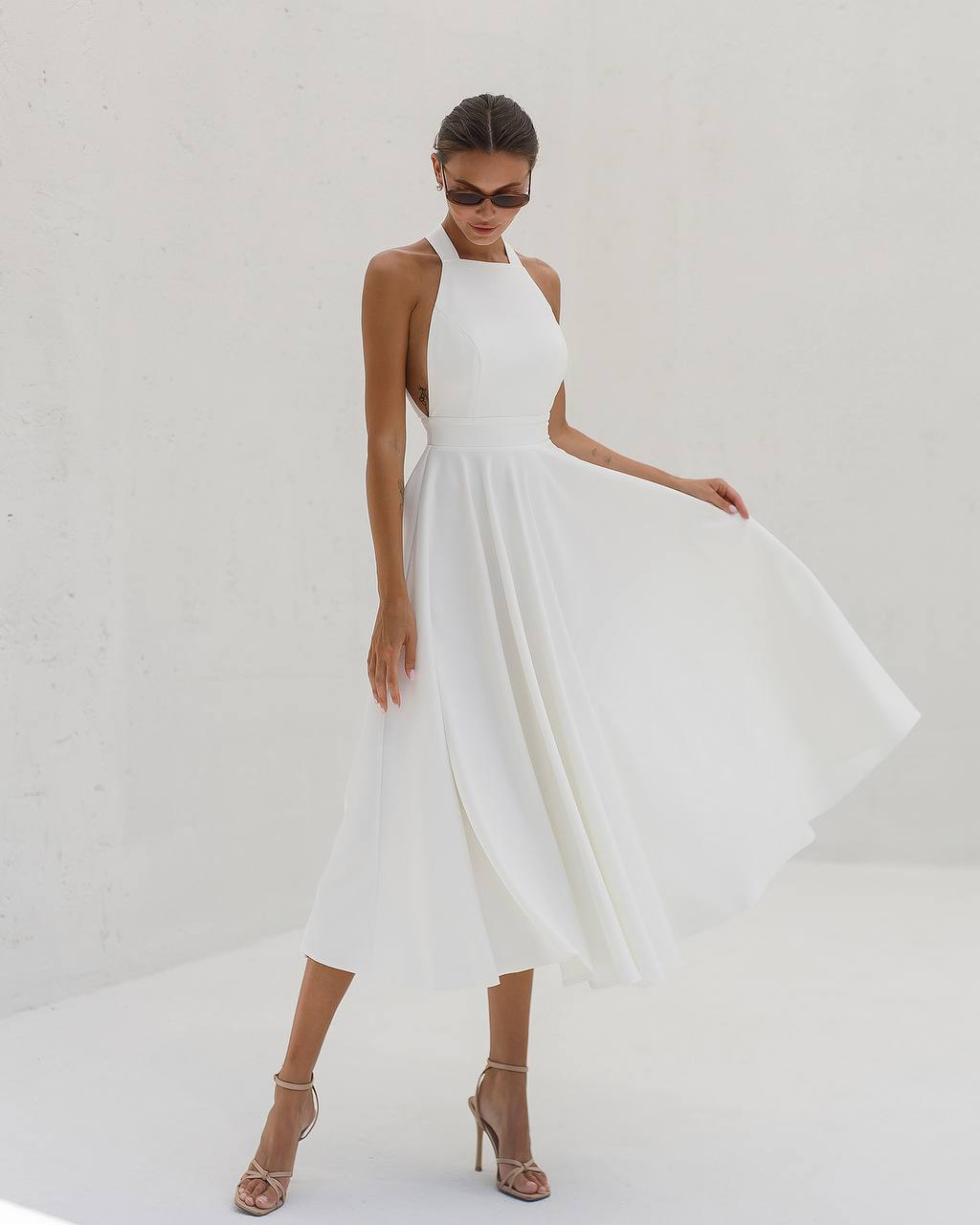 Elegant White Midi Dress for Women Premium Crepe Diagonal Fabric