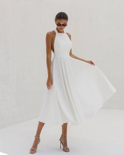 Elegant White Midi Dress for Women Premium Crepe Diagonal Fabric