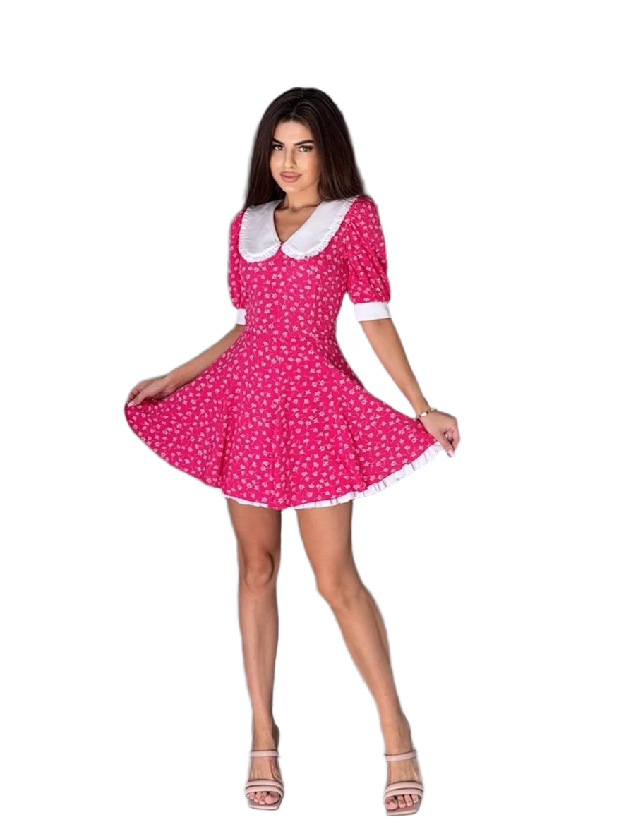 Monika Double Skirt Dress for Women Pink with White Collar and Cuffs