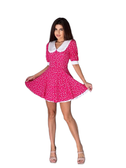Monika Double Skirt Dress for Women Pink with White Collar and Cuffs