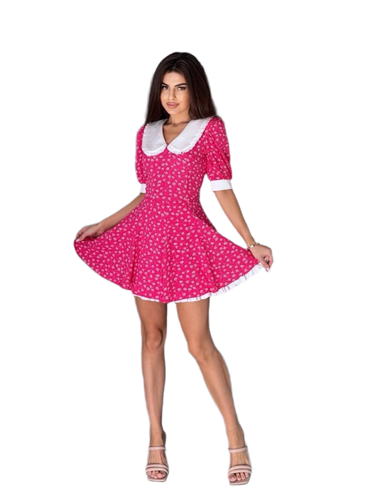 Monika Double Skirt Dress for Women Pink with White Collar and Cuffs