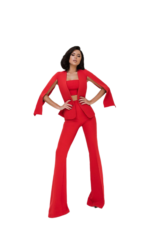 Womens Diagonal Crepe Red Klesh Suit Fashion Blazer and Flared Pants