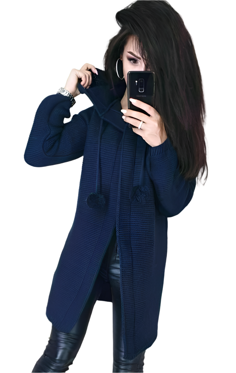 Womens Navy Blue Dense Knit Hooded Cardigan Long Sleeve Sweater